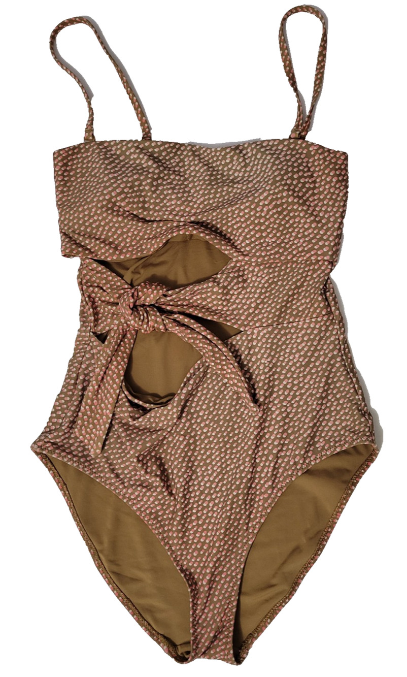 Aerie Womens M Long Tan White Polka Dot Cutout One Piece Swimsuit